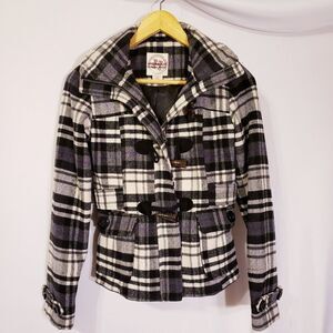 XS Hydraulic plaid black white, purple jacket hood